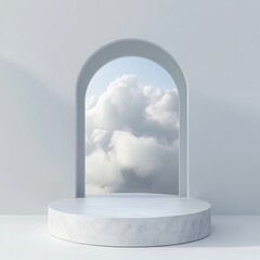Poster - Minimalist white marble podium with archway and cloudy sky view