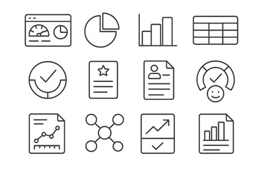 Data analytics dashboard icons on dark background in grid layout
