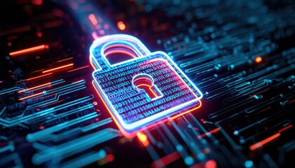 Aufkleber - Illuminated padlock icon with binary code over circuitry and data streams represents advanced cybersecurity and data protection