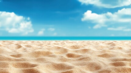 Poster - Soft sand beach in the foreground meets turquoise ocean with a blurred background of blue sky and white clouds, perfect for summer vacation and travel themes