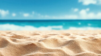 Poster - Close up view of rippled sand on a beach, creating a serene summer vacation atmosphere with blurred ocean waves and blue sky in the background