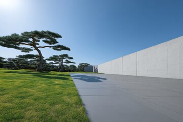 Aufkleber - Large concrete wall rising near a japanese style garden with pine trees, green grass and a paved area, under a blue sky with the sun shining