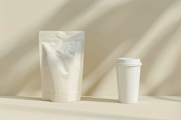 Fototapete - Vibrant Color Image of Doypack Pouch Bag with Paper Cup Mockup