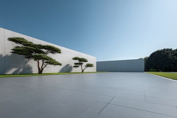 Aufkleber - Architectural rendering showing a large concrete wall, pine trees growing on the grass, a clear sky, and a clean, flat expanse of grey tiles