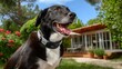 © joob - A happy black and white dog wears an electronic training collar in a sunny outdoor backyard setting today.