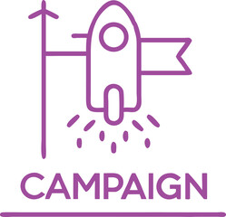 Poster - Campaign launch icon illustration depicting rocket taking off with flag and upward arrow