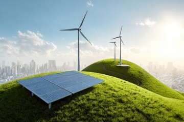 Aufkleber - Green energy concept with solar panels and wind turbines on a grassy hill against cityscape background
