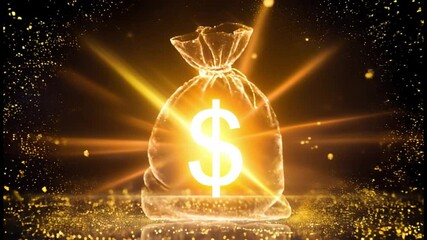 Poster - Golden particles sparkle and glow against black void swirling upward, magnetizing into giant cash bag glowing with bright dollar light, wealth, and finance energy