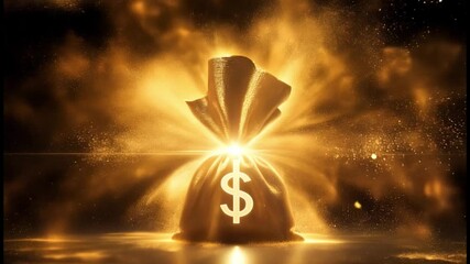 Poster - Swarming golden particles gather in black space forming glowing bright bundle of cash with gleaming dollar sign, symbolizing money and cash in dynamic financial scene