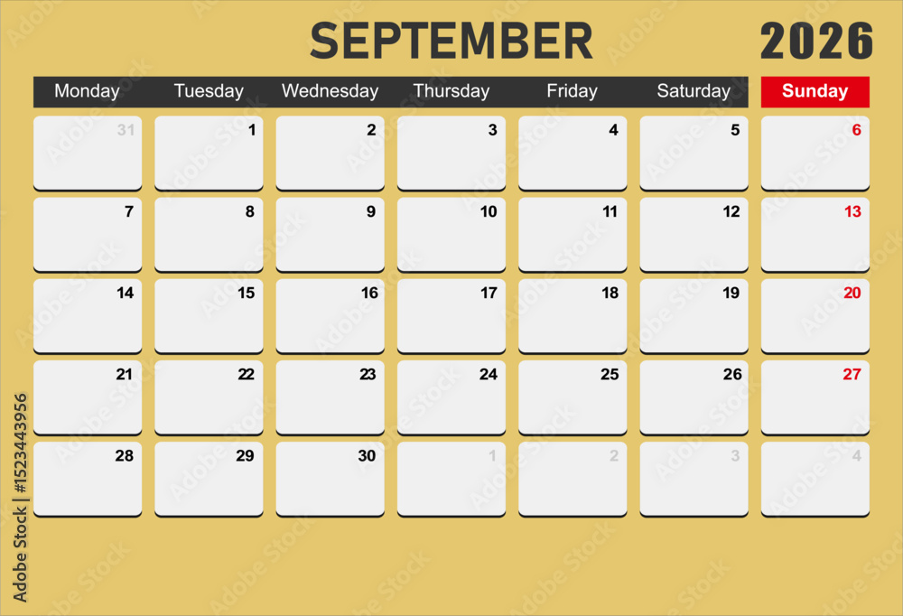 2026 year calendar. month, The week start on monday. EPS file vector ...