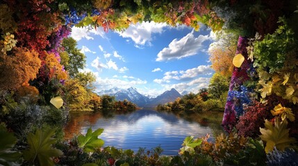 Poster - A surreal autumn landscape with vivid foliage and a central polygon mirror reflecting sky and water, creating a bold artistic panorama
