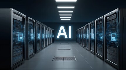 Aufkleber - High-tech AI data center with computer arrays and floating AI emblem, designed for big data analytics and cloud computing platform visuals.