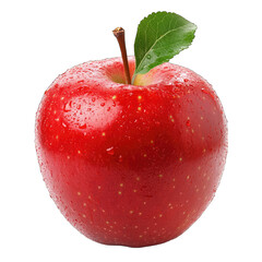 Poster - A vibrant red apple, glistening with water droplets, features a single green leaf atop its stem.  Small, light-colored dots speckle its skin