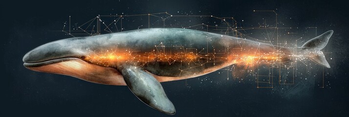 Poster - Digital Whale: A majestic whale is transformed into a mesmerizing digital artwork, with glowing lines and interconnected networks forming a beautiful juxtaposition of nature and technology. 