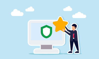 businessman holding a star next to a monitor displaying a shield illustration of a reliable business