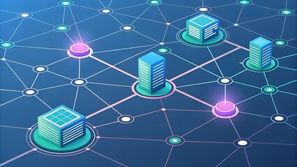a digital illustration depicting a network or blockchain concept. it features various connected node