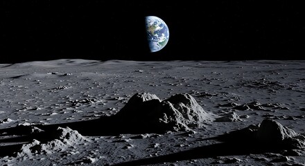 view of earth from the moon surface with craters and dark black background