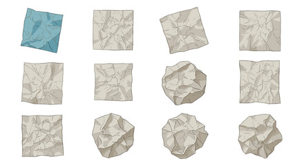 Poster - Collection of twelve crumpled paper sheets with varying shapes and orientations on a white background
