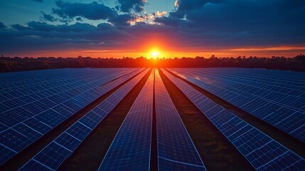Solar farm with photovoltaic panels under sunset sky, sustainable energy and green technology concept