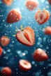 © Lestari710 - Fresh strawberries in mid-air, sliced and whole, with water droplets and bokeh