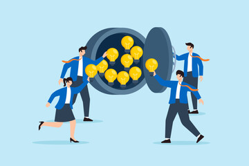 Poster - Flat illustration of business leader unlocking vault filled with bright ideas while team gathers innovation resources for startup mission