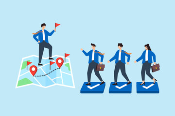 Poster - Flat illustration of business leader placing red flags on roadmap while team follows through strategic checkmark checkpoints