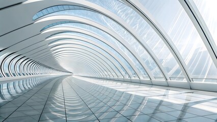 Poster - A bright and modern architectural tunnel with curved glass and reflective tiled floor creating a perspective