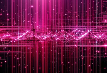 Poster - Vibrant pink abstract digital art featuring lines and patterns on a cosmic background