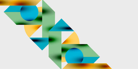 Poster - Abstract geometric shapes overlap, creating vibrant color gradients. Composition features blues, greens, yellows against white background.