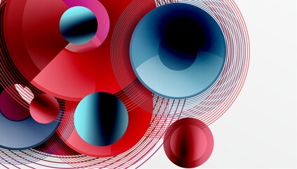 Poster - Abstract composition featuring overlapping circles, lines. Red, blue hues dominate design, creating dynamic visual effect.