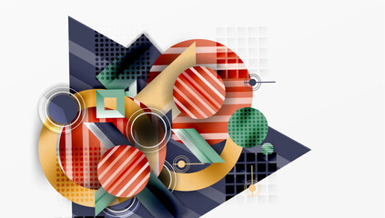 Poster - Abstract geometric composition. Circles, squares, lines create dynamic visual experience. Warm, cool colors blend, offering modern aesthetic.