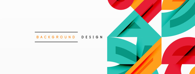 Fototapete - Abstract geometric shapes overlap, creating vibrant colorful background. Text reads background design. Minimalist style, clean presentation.