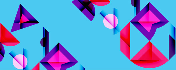 Poster - Abstract geometric shapes, vibrant colors, blue background. Triangles, circles, pink, purple hues create dynamic composition.
