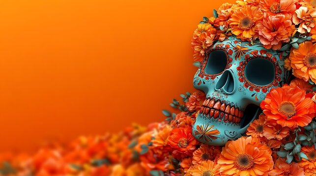 Day of the Dead background, skulls, flowers.