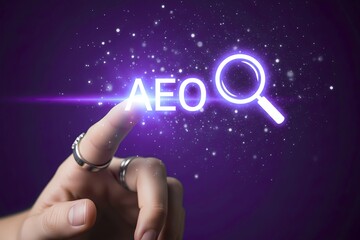 Wall Mural - seo optimization concept with glowing magnifying glass and hand