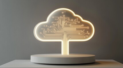 Illuminated cloud-shaped object with circuit board design.