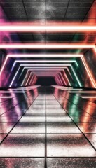 Wall Mural - Neon tunnel, vibrant colors, reflective floor