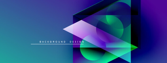 Poster - Abstract geometric shapes overlap, creating vibrant blue, purple, green gradients. Text reads background design. Modern visual presentation.