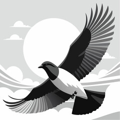 Poster - Vector illustration of a bird in flight against a backdrop of clouds and a large circular sun, featuring black and white avian design.