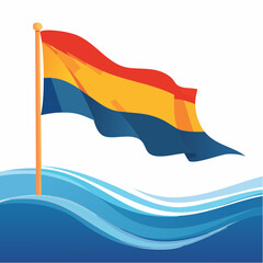 Poster - Vector illustration of a flag waving on a pole above stylized blue water waves against a clean white background, simple design