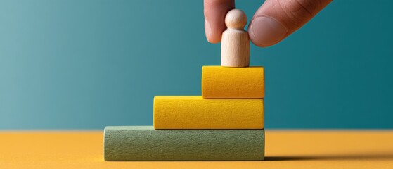 Poster - Minimalist Wooden Figure on Colorful Steps Symbolizing Workforce Integration and Structured Hierarchy for Modern HR Recruitment and Onboarding