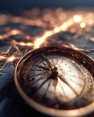 Poster - Vintage Brass Navigation Compass on Illuminated World Map with Glowing City Lights for Global Strategy and Corporate Business Innovation