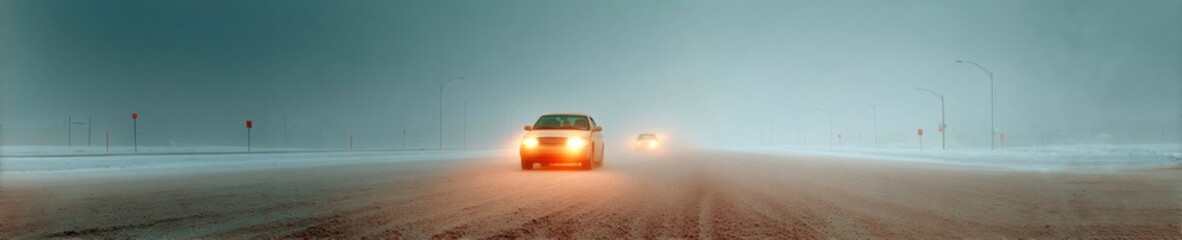 Poster - Winter Driving Safety Alert Headlights Piercing Sleet-Covered Road with Frozen Windshields and Blurred Traffic Lights in Hazardous Conditions