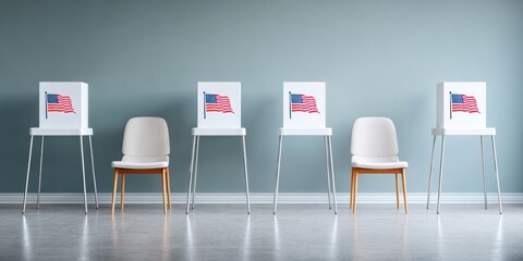 Leinwandbilder - Modern Polling Station with Organized Voting Booths and American Flags for Transparent, Secure, and Inclusive Democratic Elections in Civic Education