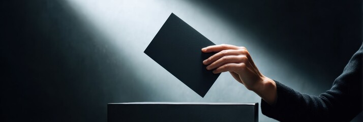 Poster - Modern social responsibility concept with hands inserting official ballot into secure box with dramatic lighting - election participation and democratic voting