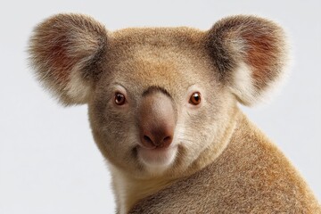 Poster - Close-up portrait of mature male koala with detailed fur texture and ear tufts on plain background for wildlife conservation awareness and nature education