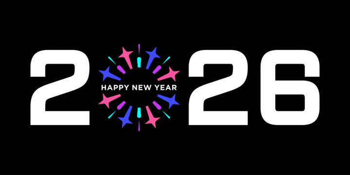 Inspiration Luxury New Year 2026 Logo with white numbers and colorful fireworks effect on black background. New Year greeting card. event, celebration