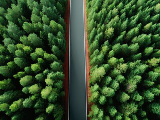 Poster - Aerial view of firebreak corridor through dense pine forest demonstrating sustainable land management and environmental planning for ecosystem protection