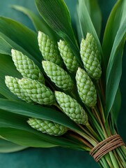 Poster - Sustainable Harvest Bundle of Green Grain Heads Tied with Natural Twine on Lush Leaves - Eco Agricultural Marketing Display Symbolizing Growth and Tradition