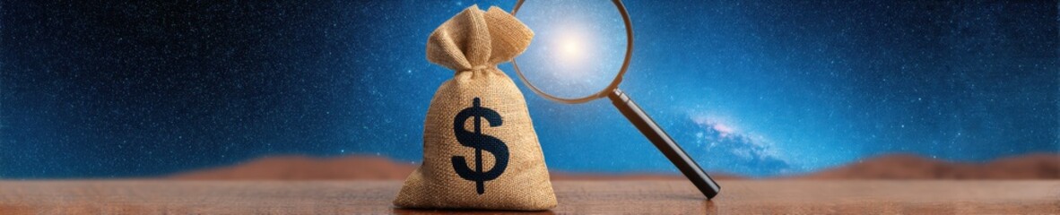 Poster - Commercial banking concept with magnifying glass on burlap money bag, focused financial investigation, modern loan services and investment discovery imagery